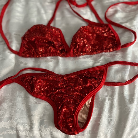 Swim Red Sequin Bikini Set Outfit Stripper Exotic Dancer Pole Dance